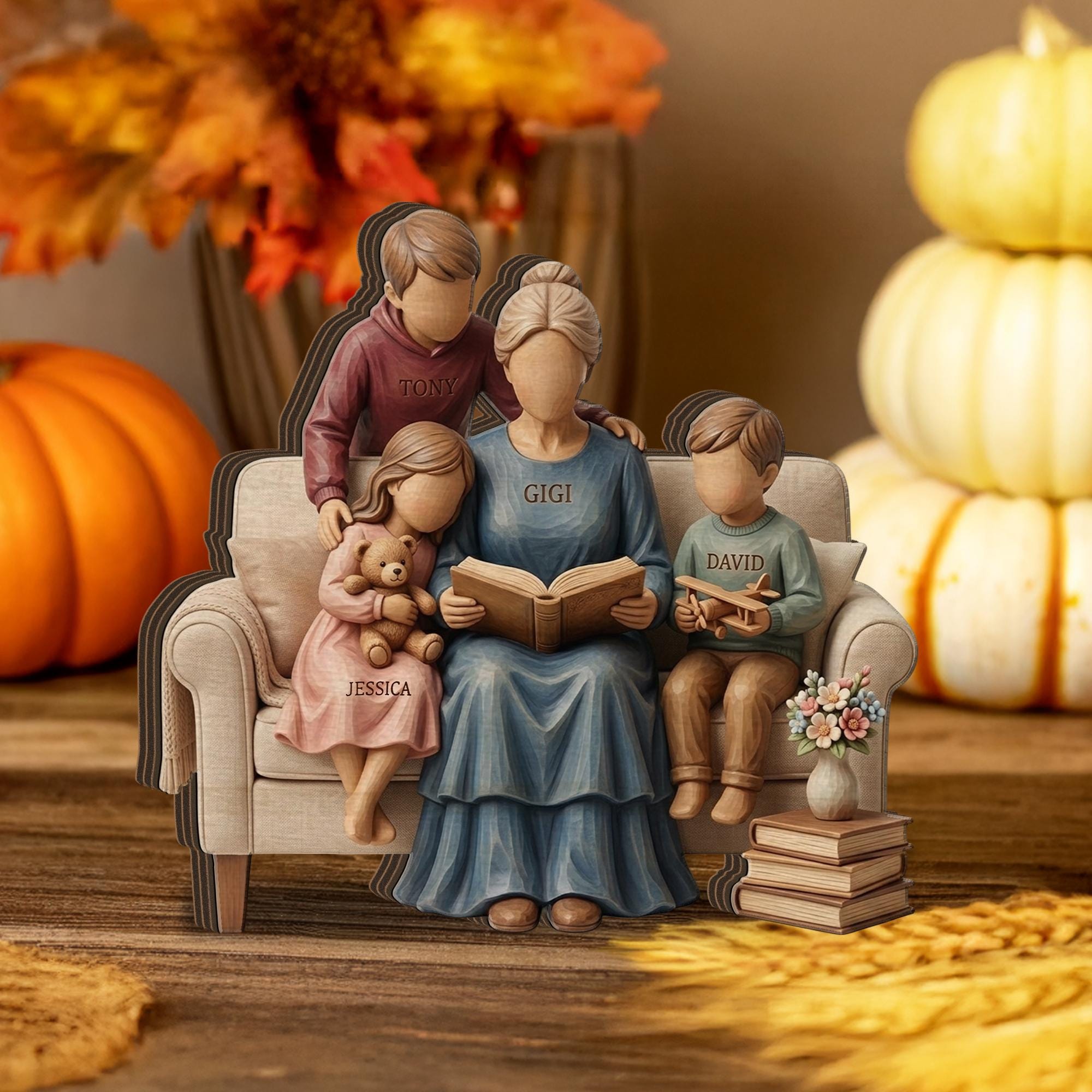 Personalized Wooden Block: Custom Family Name Reading Scene Flat Wood Desk Art