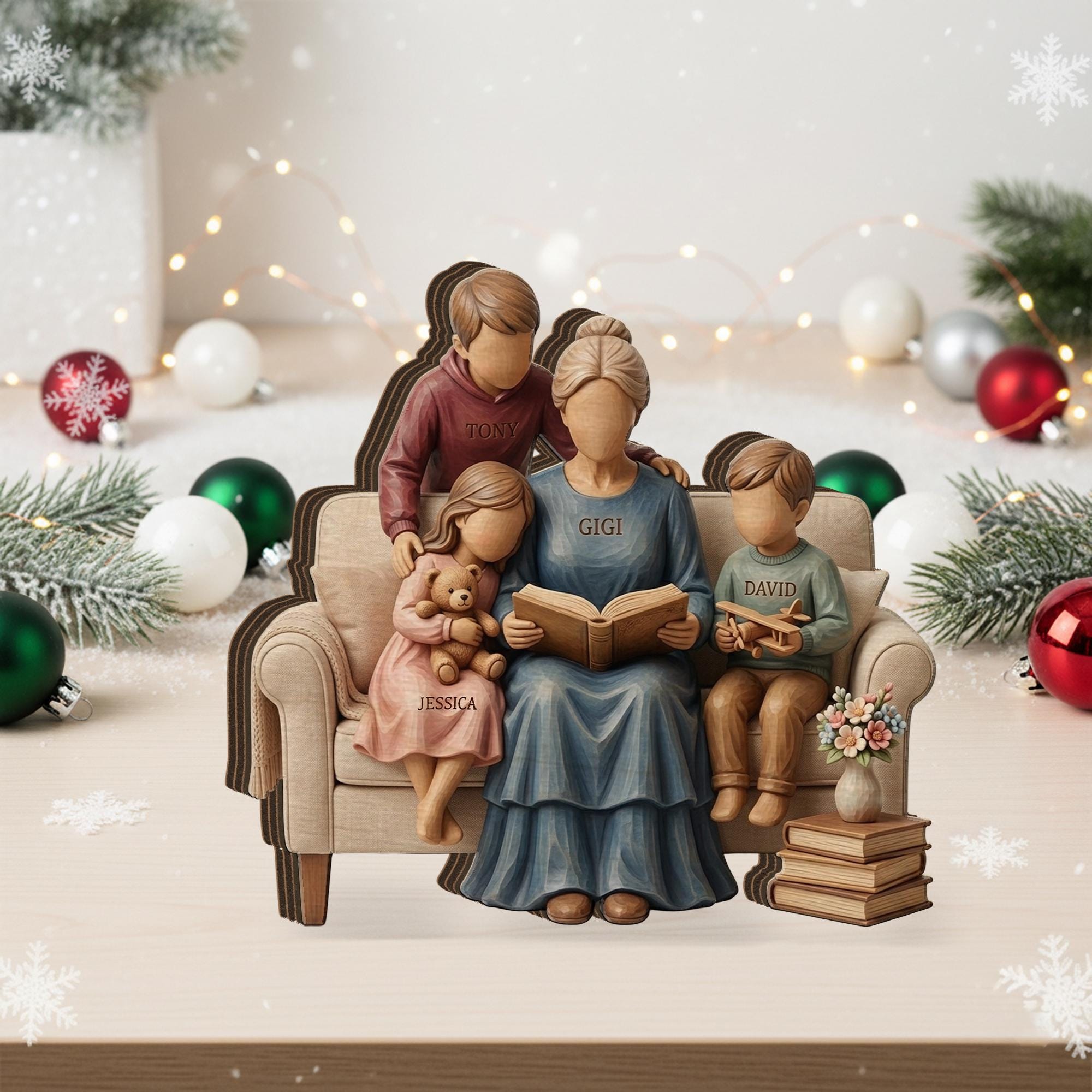 Personalized Wooden Block: Custom Family Name Reading Scene Flat Wood Desk Art