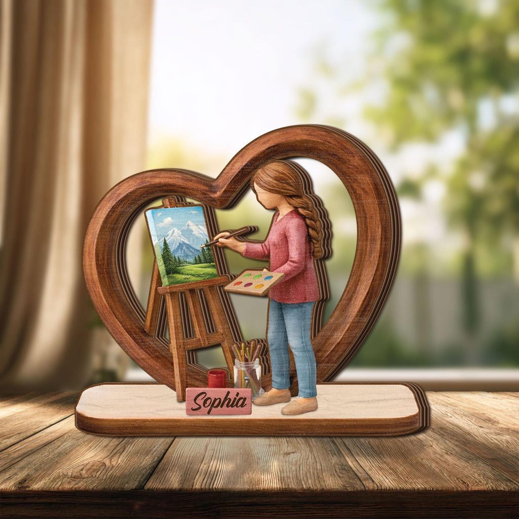 Personalized Artist Wooden Block Gift, Custom Name Painter Figurine, Creative Hobby Decor, Gift for Artist Woman, Unique Art Lover Keepsake