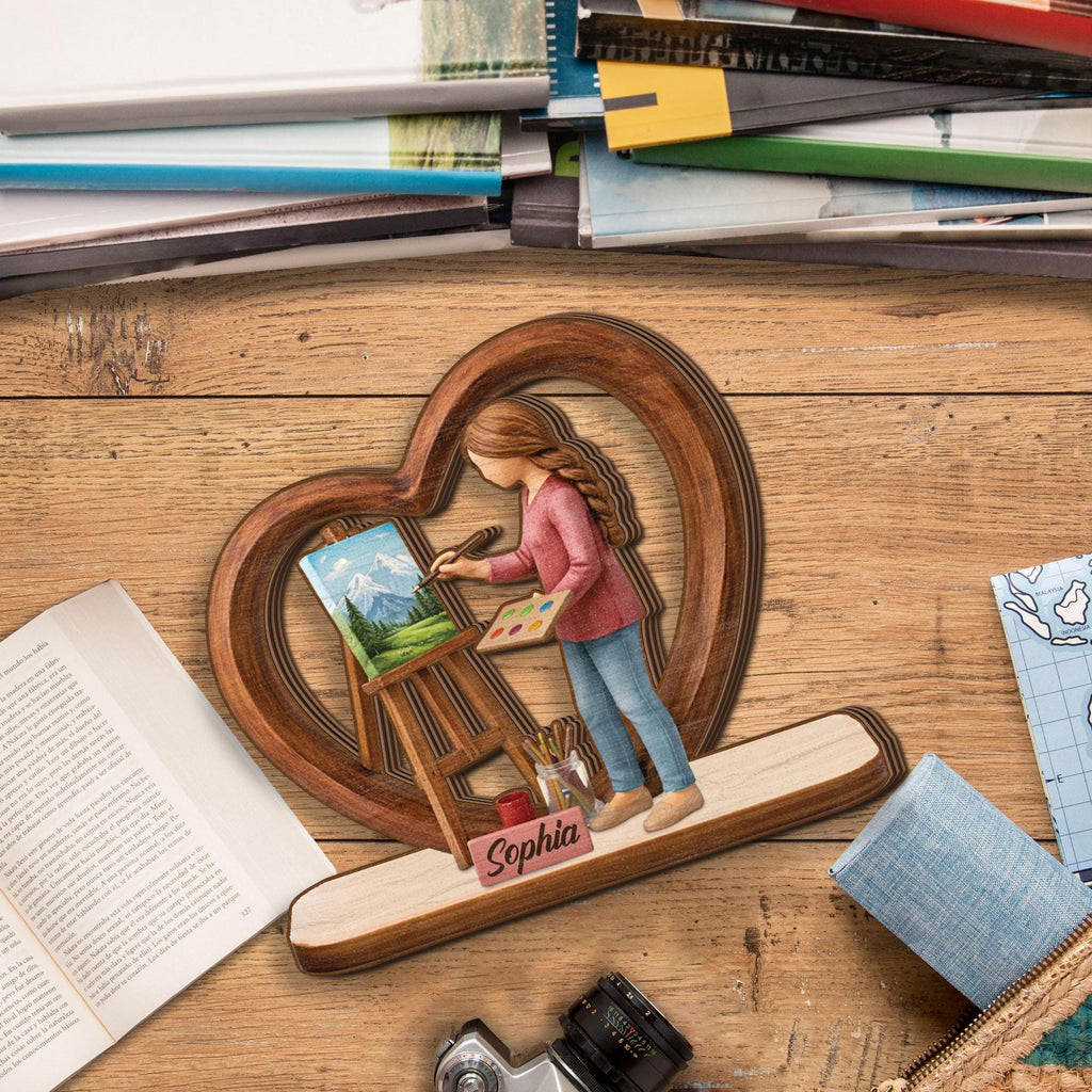 Personalized Artist Wooden Block Gift, Custom Name Painter Figurine, Creative Hobby Decor, Gift for Artist Woman, Unique Art Lover Keepsake