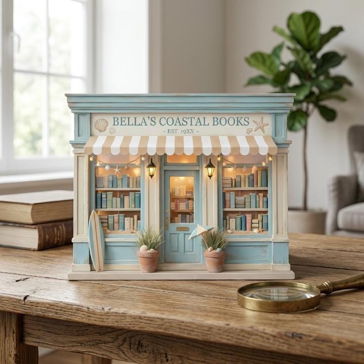 Personalized Coastal Bookshop Wooden Block, Bookshelf Decor, Beach House Book Lover Gift, Coastal Books Decor, Miniature Shop