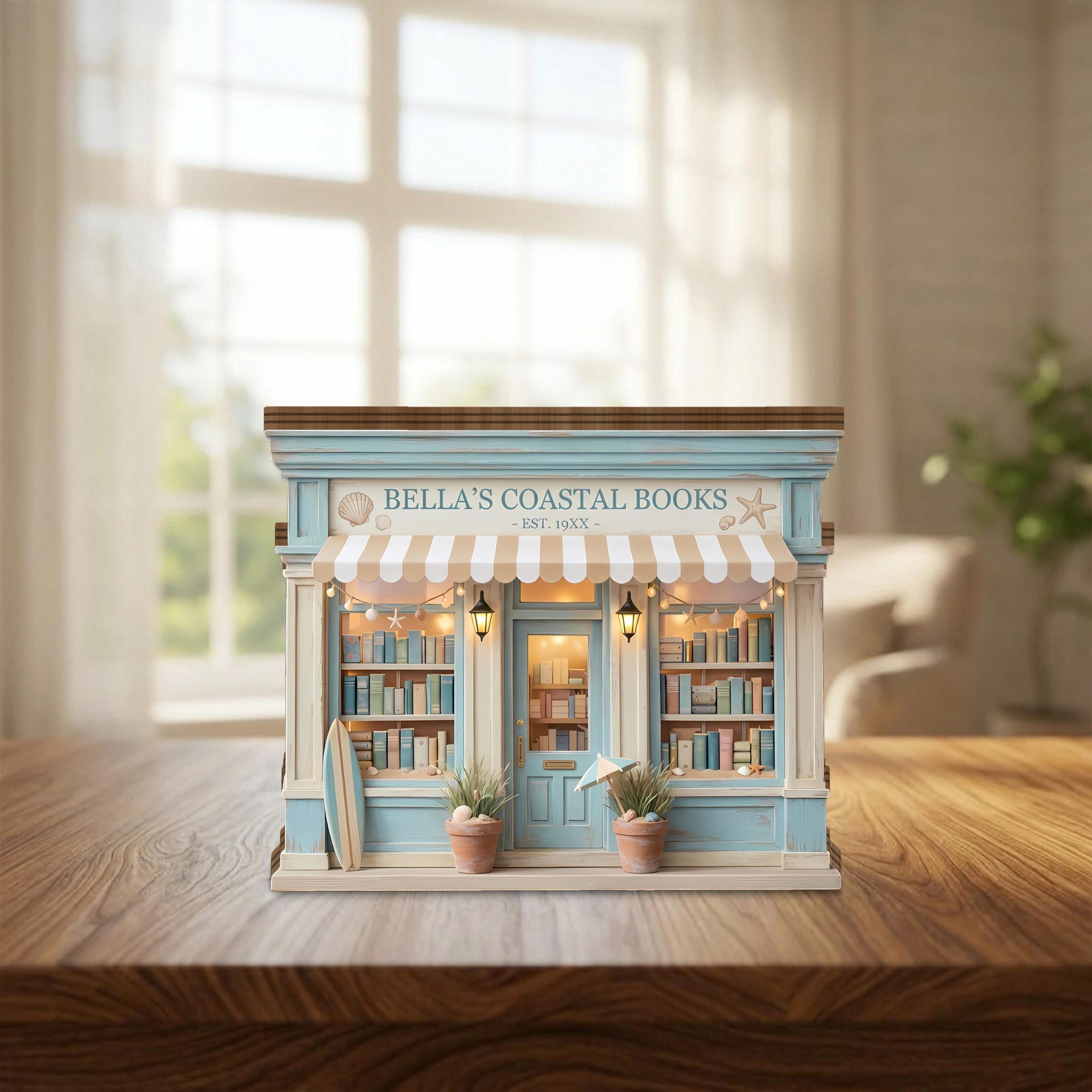 Personalized Coastal Bookshop Wooden Block, Bookshelf Decor, Beach House Book Lover Gift, Coastal Books Decor, Miniature Shop