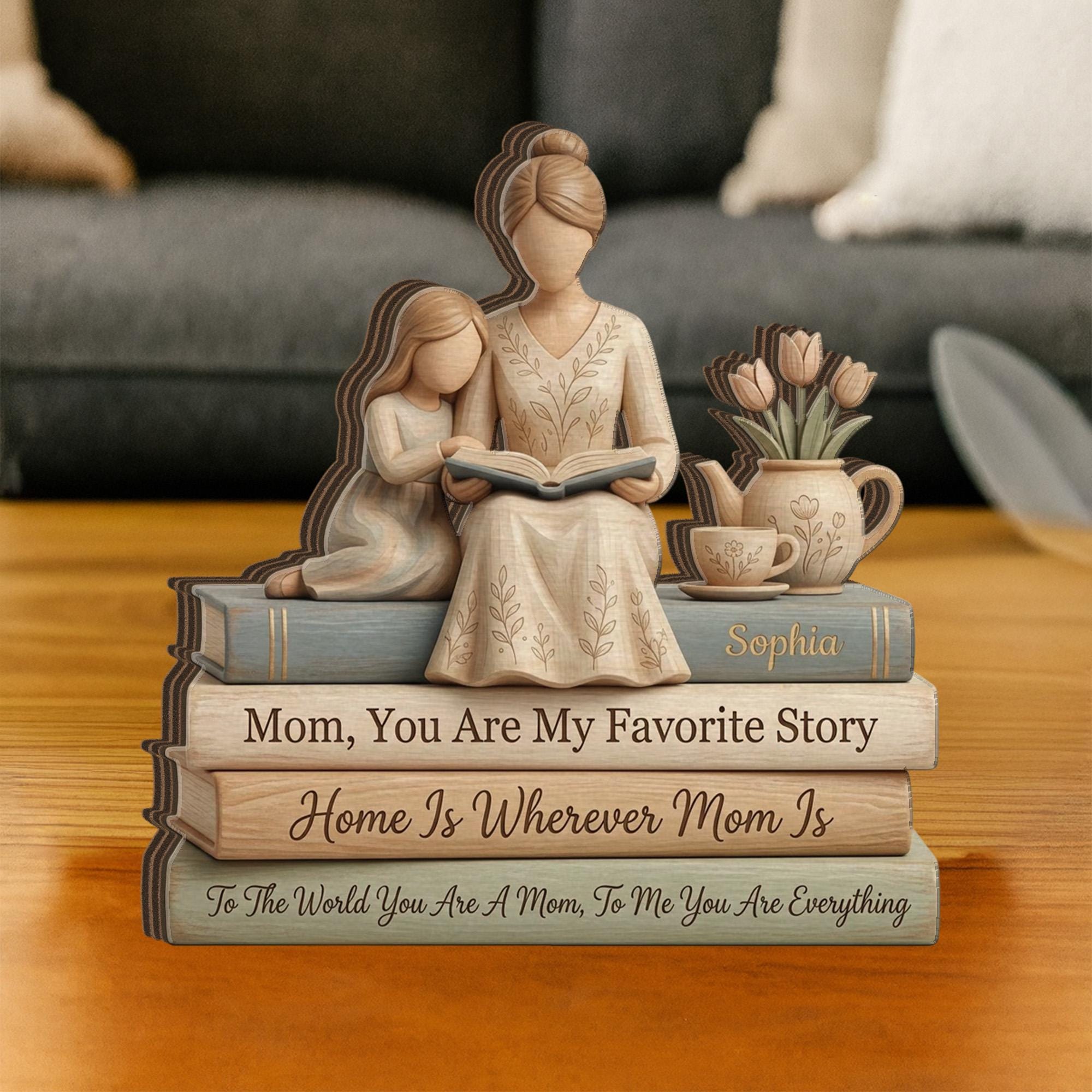 Personalized Mother Daughter Reading Scene Wooden Block Sign, Stacked Book Decor