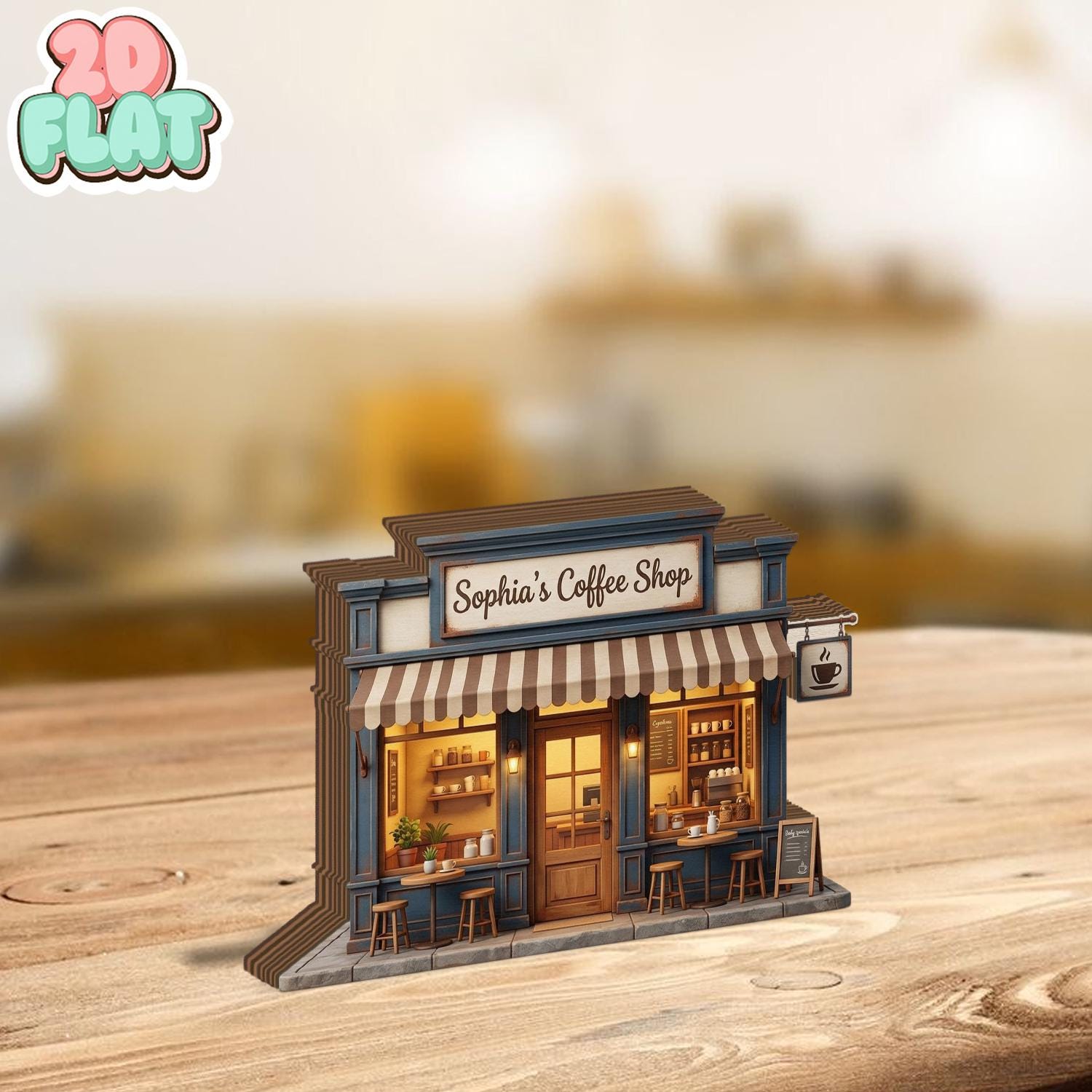 Custom Coffee Shop Wooden Block, Personalized Business Storefront Decor, Mini Cafe Model Sign