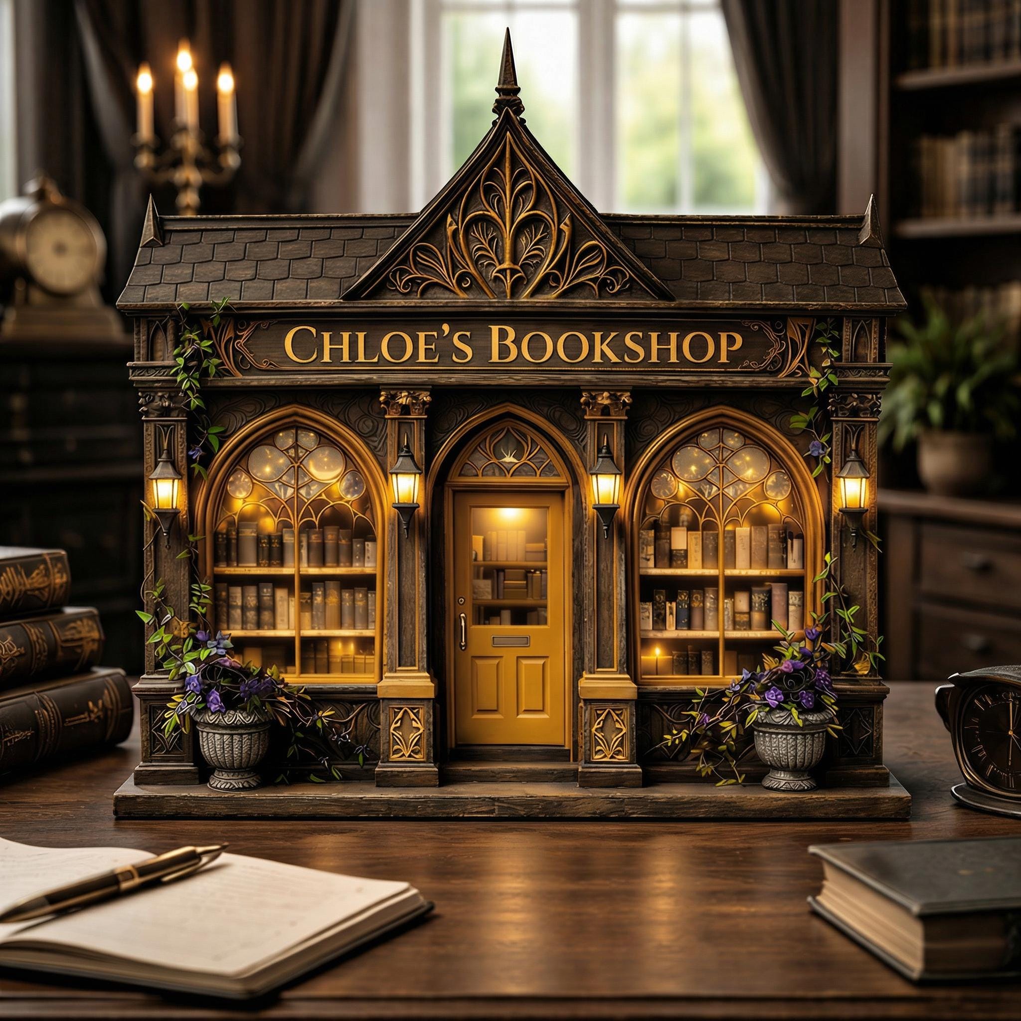 Personalized Layered Wood Mini Gothic Bookshop Decor – Custom Name Keepsake