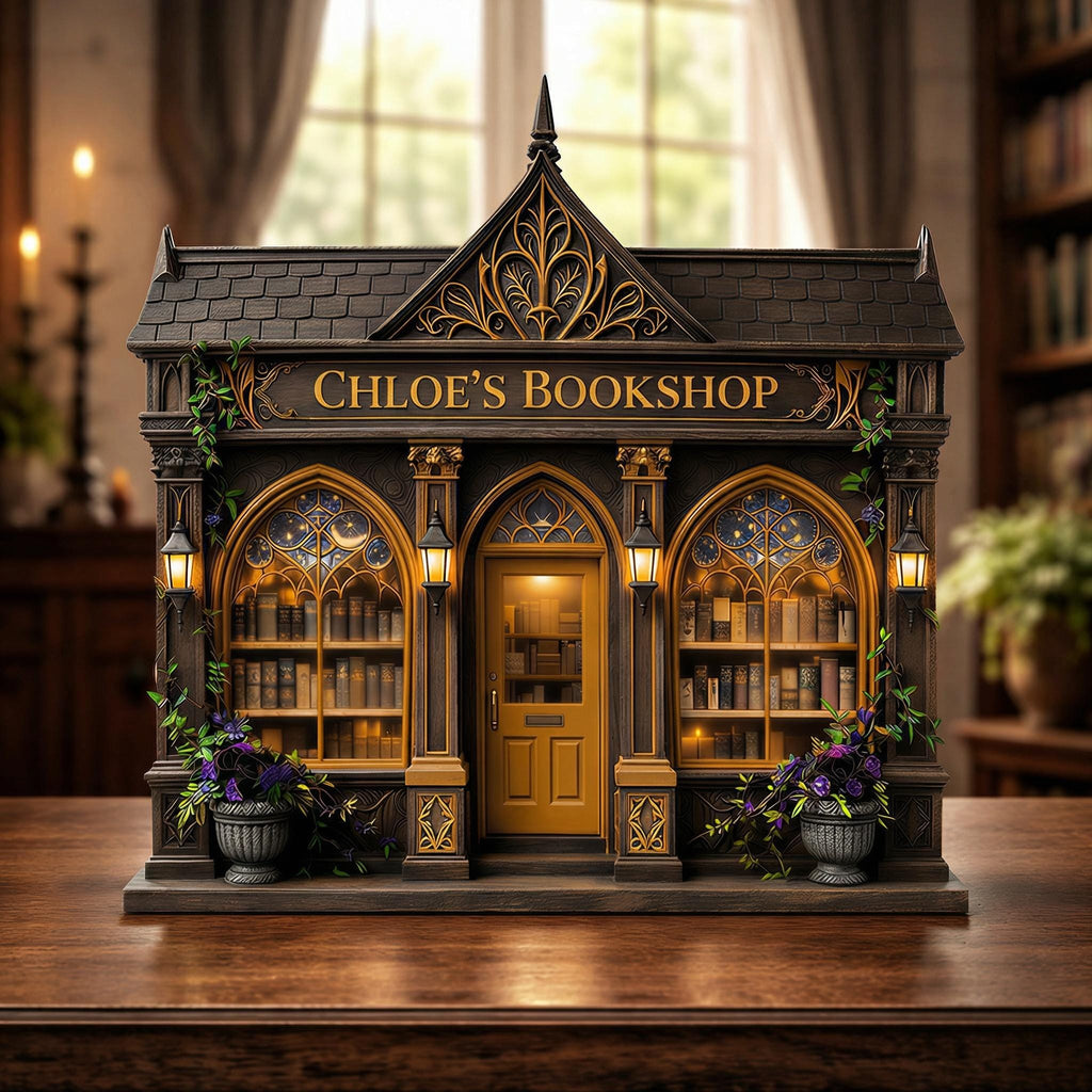 Personalized Layered Wood Mini Gothic Bookshop Decor – Custom Name Keepsake