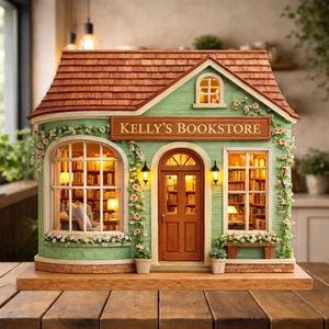 Custom Bookstore Flower House Wooden Block Personalized Book Lover Gift Wooden Plaque Miniature Bookshop Decor Reader Gift