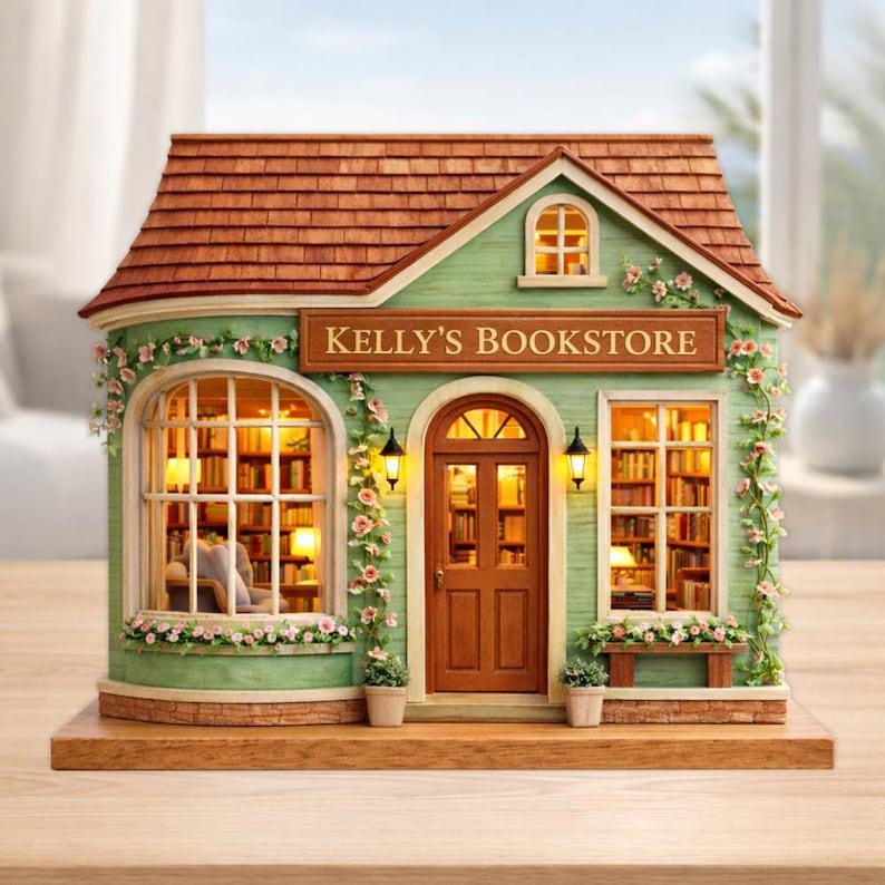 Custom Bookstore Flower House Wooden Block Personalized Book Lover Gift Wooden Plaque Miniature Bookshop Decor Reader Gift