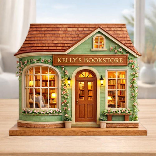 Custom Bookstore Flower House Wooden Block Personalized Book Lover Gift Wooden Plaque Miniature Bookshop Decor Reader Gift