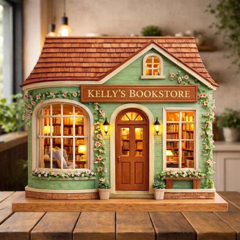 Custom Bookstore Flower House Wooden Block Personalized Book Lover Gift Wooden Plaque Miniature Bookshop Decor Reader Gift
