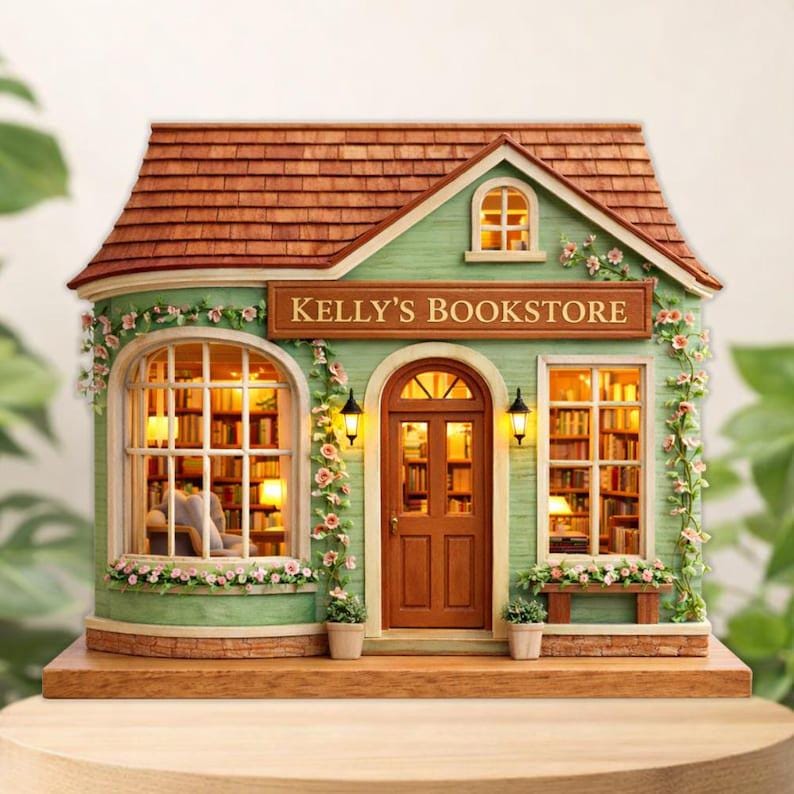 Custom Bookstore Flower House Wooden Block Personalized Book Lover Gift Wooden Plaque Miniature Bookshop Decor Reader Gift