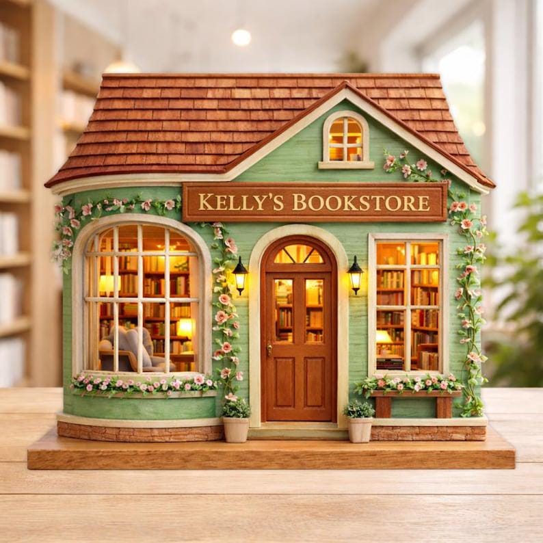 Custom Bookstore Flower House Wooden Block Personalized Book Lover Gift Wooden Plaque Miniature Bookshop Decor Reader Gift