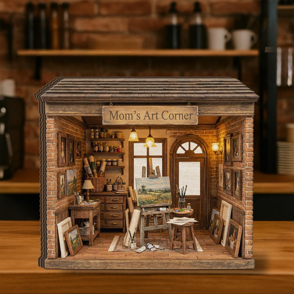 Personalized Wooden Block Art Studio Diorama, Mini Painting Room Scene with Easel and Canvas