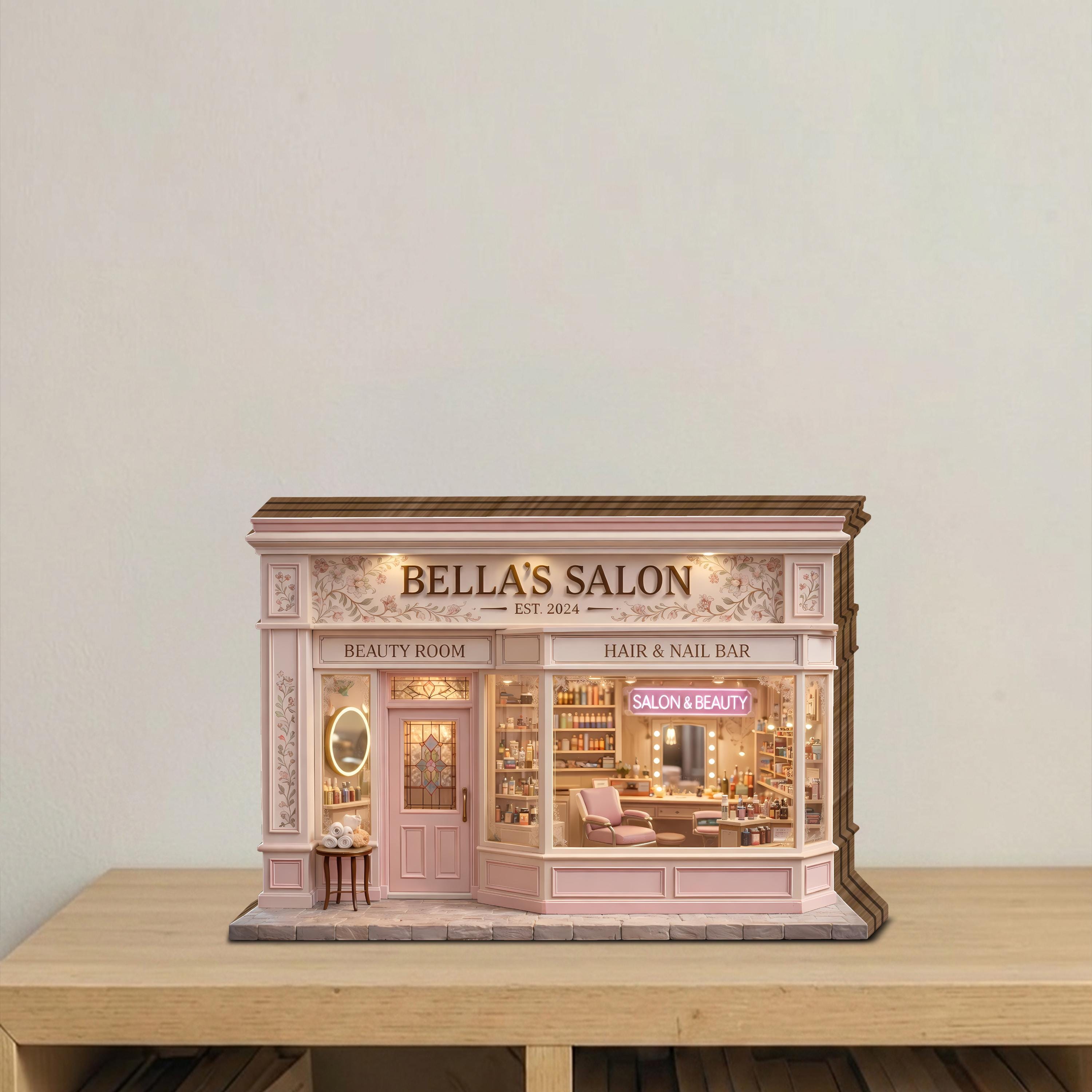 Personalized Beauty Salon Wooden Block, Custom Hair & Nail Bar Miniature Shop Decor, Salon Owner Gift, Elegant Beauty Studio Display