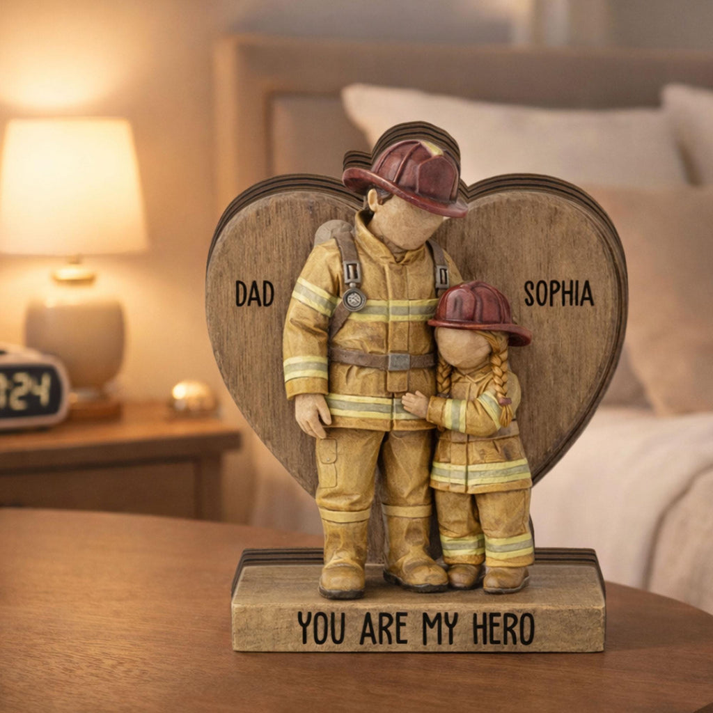 Personalized Firefighter Dad Wooden Block, Dad and Daughter Son Gift, Custom Name Fireman Block, Fathers Day Keepsake Gift for Dad, Fireman