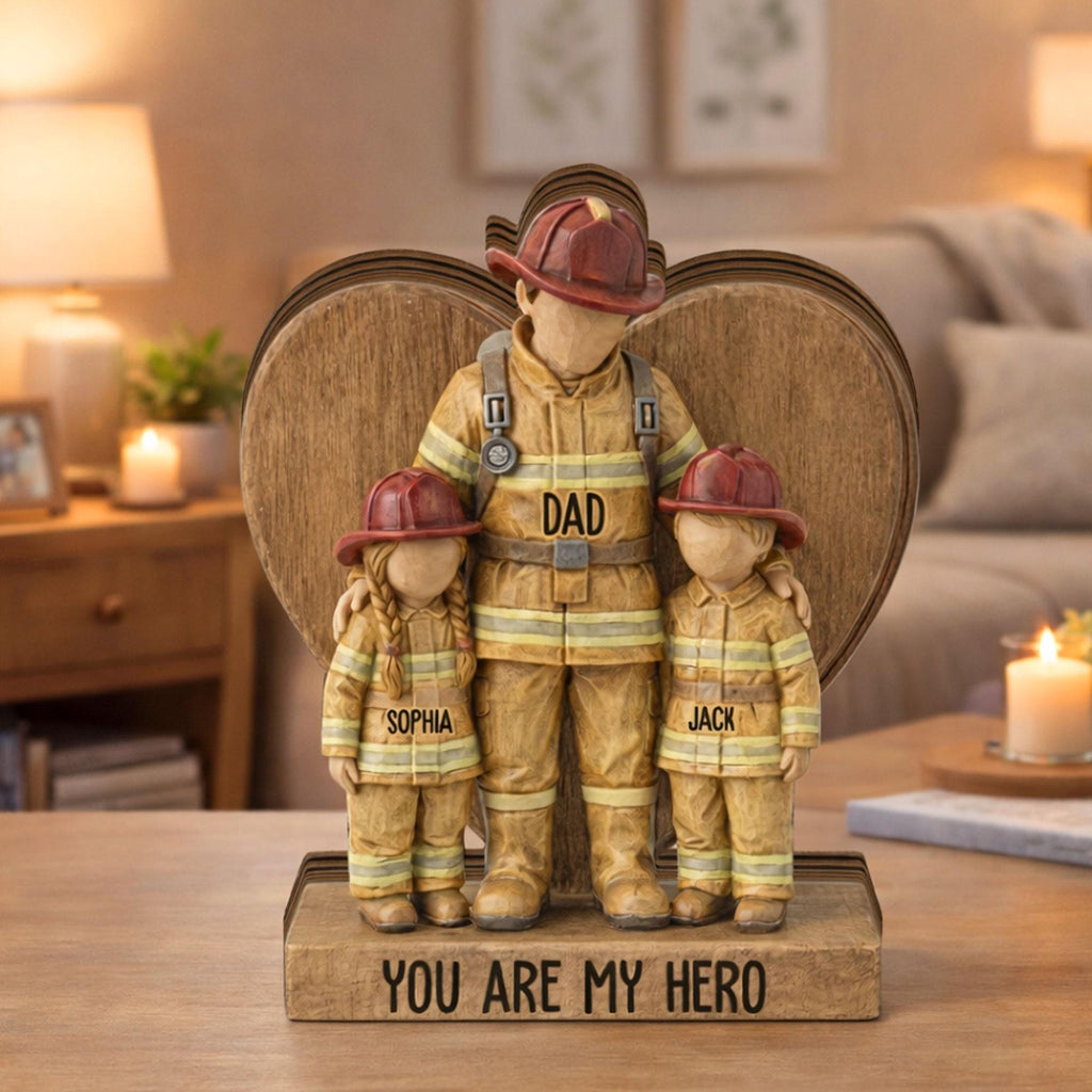 Personalized Firefighter Dad Wooden Block, Dad and Daughter Son Gift, Custom Name Fireman Block, Fathers Day Keepsake Gift for Dad, Fireman