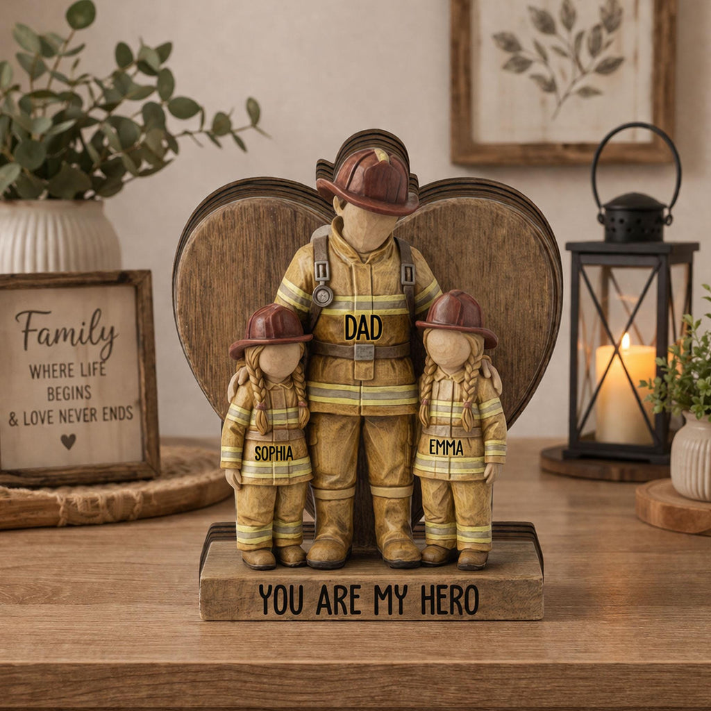 Personalized Firefighter Dad Wooden Block, Dad and Daughter Son Gift, Custom Name Fireman Block, Fathers Day Keepsake Gift for Dad, Fireman