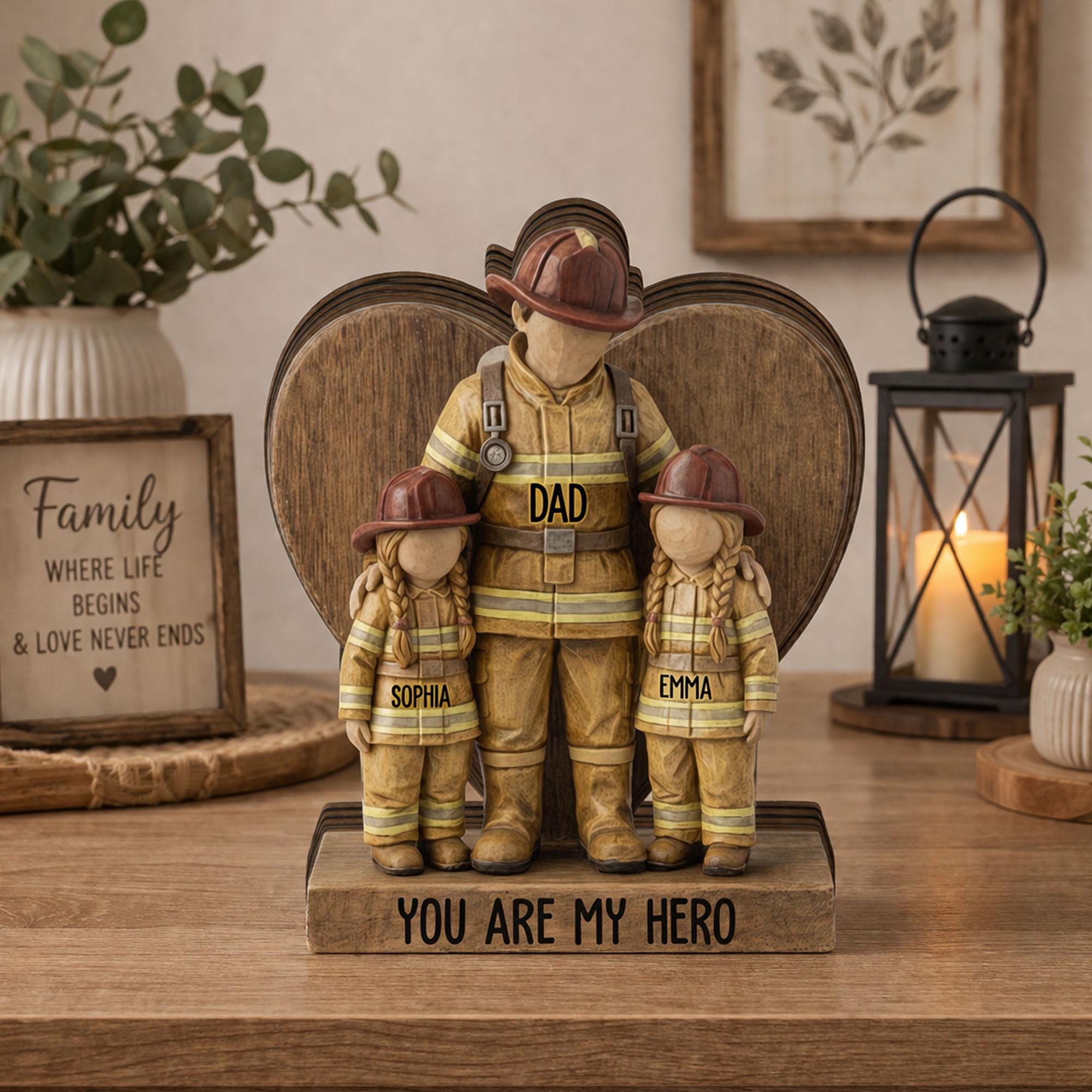 Personalized Firefighter Dad Wooden Block, Dad and Daughter Son Gift, Custom Name Fireman Block, Fathers Day Keepsake Gift for Dad, Fireman