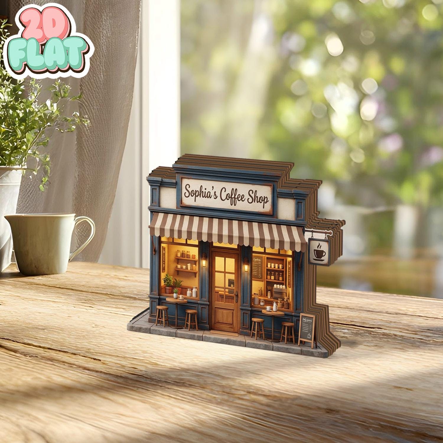 Custom Coffee Shop Wooden Block, Personalized Business Storefront Decor, Mini Cafe Model Sign