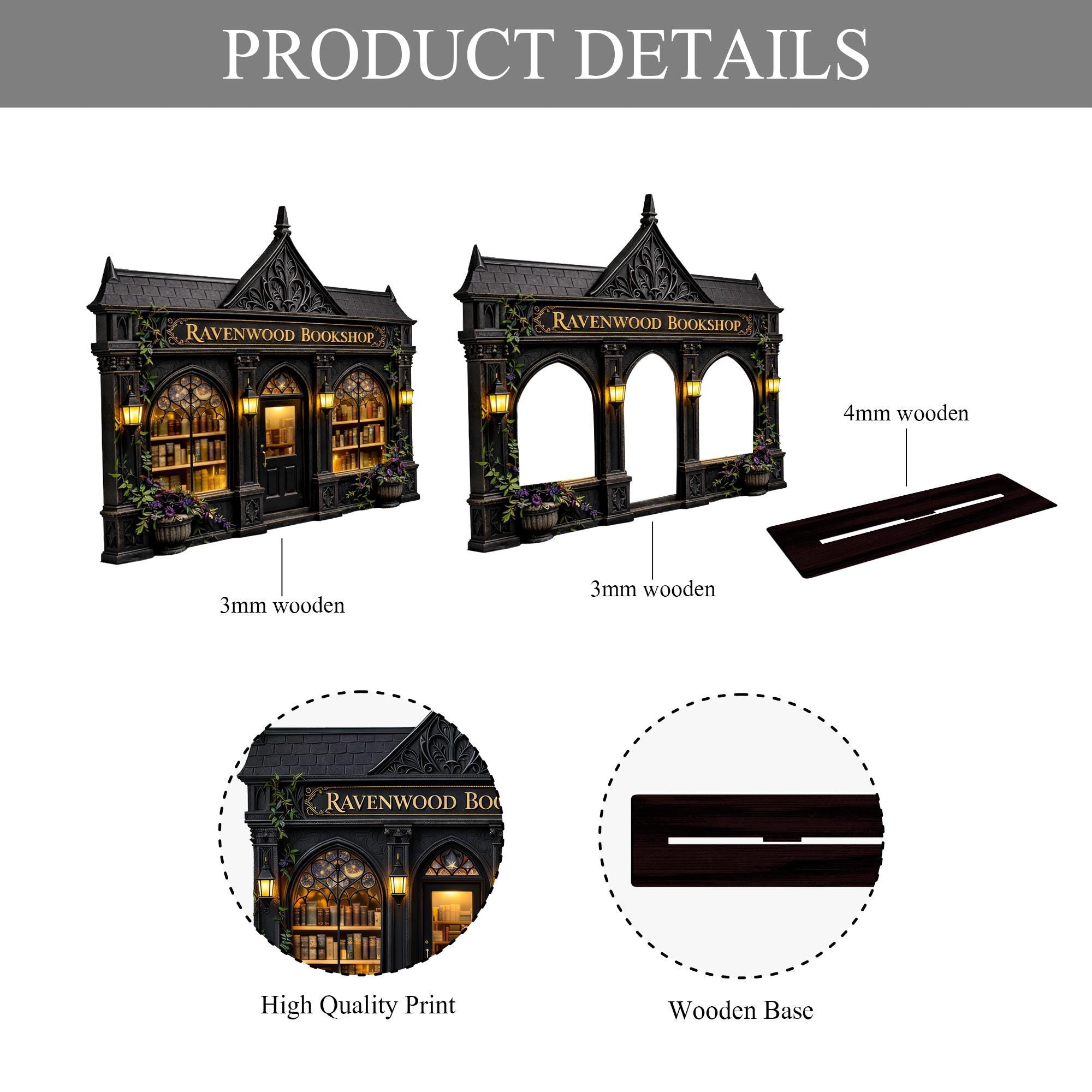 Personalized Layered Wood Mini Gothic Bookshop Decor – Custom Name Keepsake