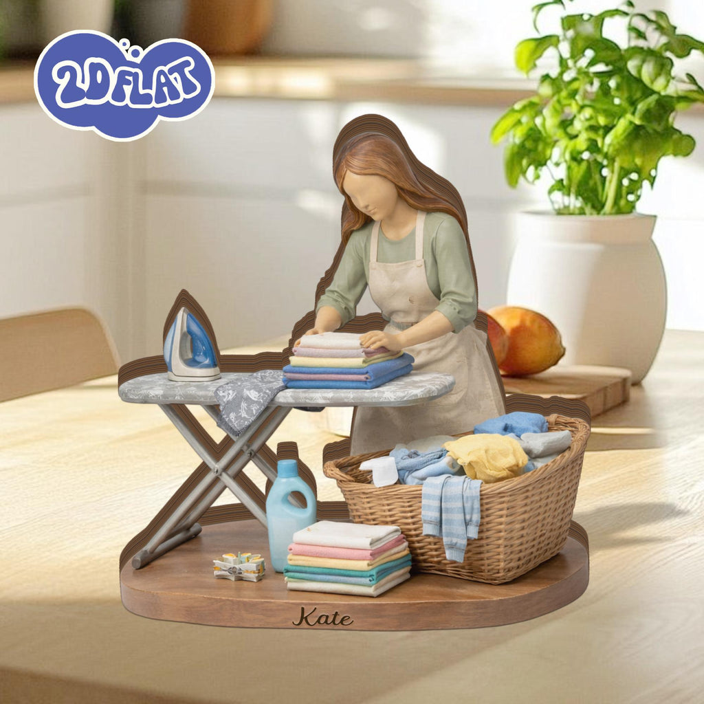 Personalized Laundry Wooden Block, Ironing Figurine Decor, Custom Name Gift, Housewife Art, Home Laundry Room Decor, Unique Keepsake