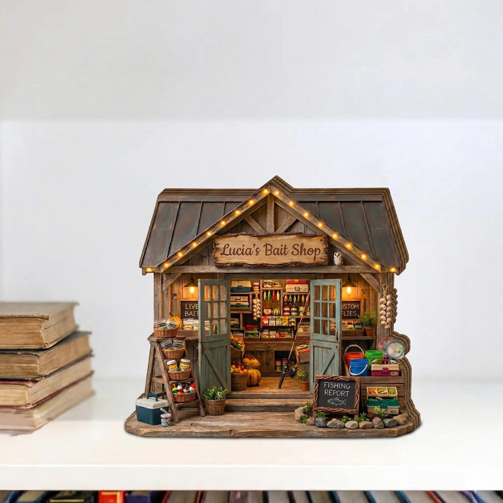 Personalized Bait Shop Wooden Block, Personalized Fishing Store Decor, Rustic Lake Cabin Gift, Fisherman Desk Display