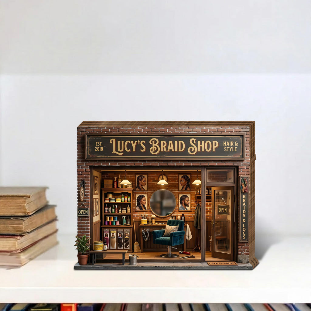 Personalized Braid Shop Wooden Block, Custom Hair Braiding Salon Miniature Decor, Black Hair Salon Gift, Small Business Display