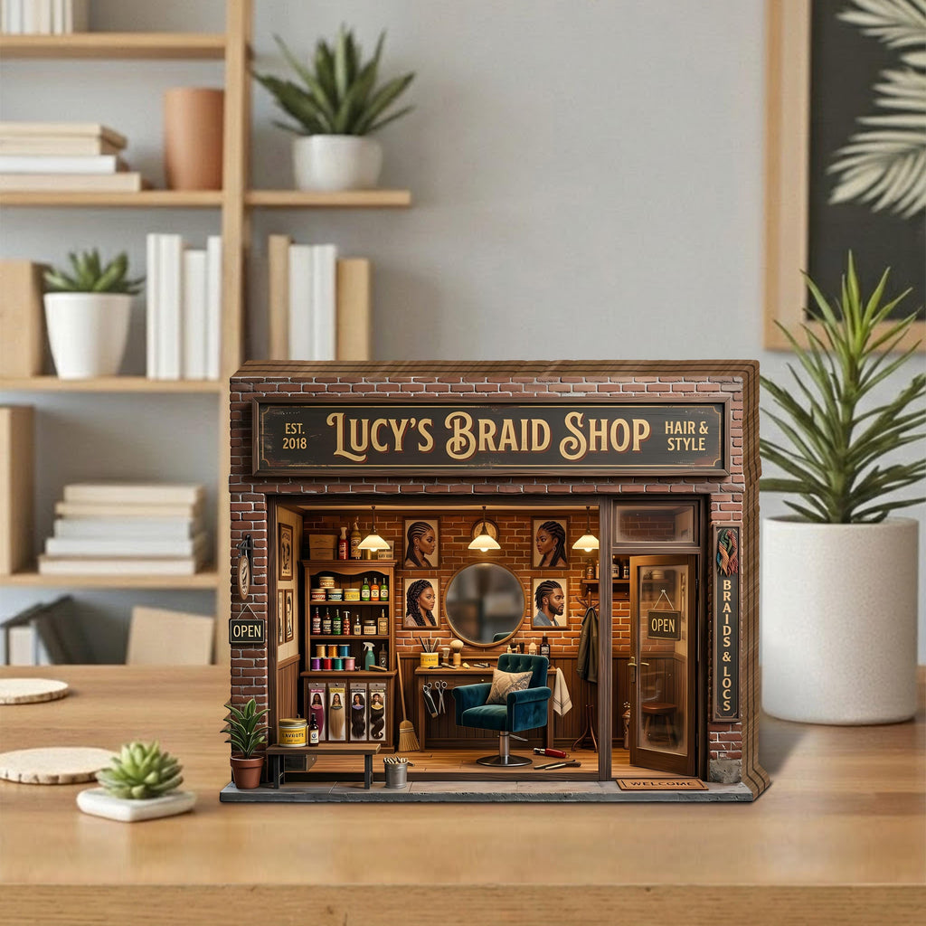Personalized Braid Shop Wooden Block, Custom Hair Braiding Salon Miniature Decor, Black Hair Salon Gift, Small Business Display