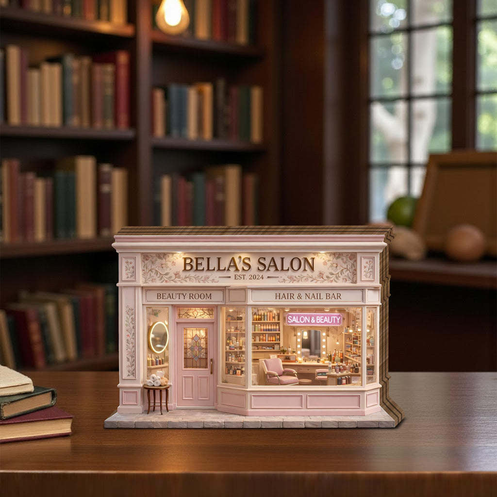 Personalized Beauty Salon Wooden Block, Custom Hair & Nail Bar Miniature Shop Decor, Salon Owner Gift, Elegant Beauty Studio Display