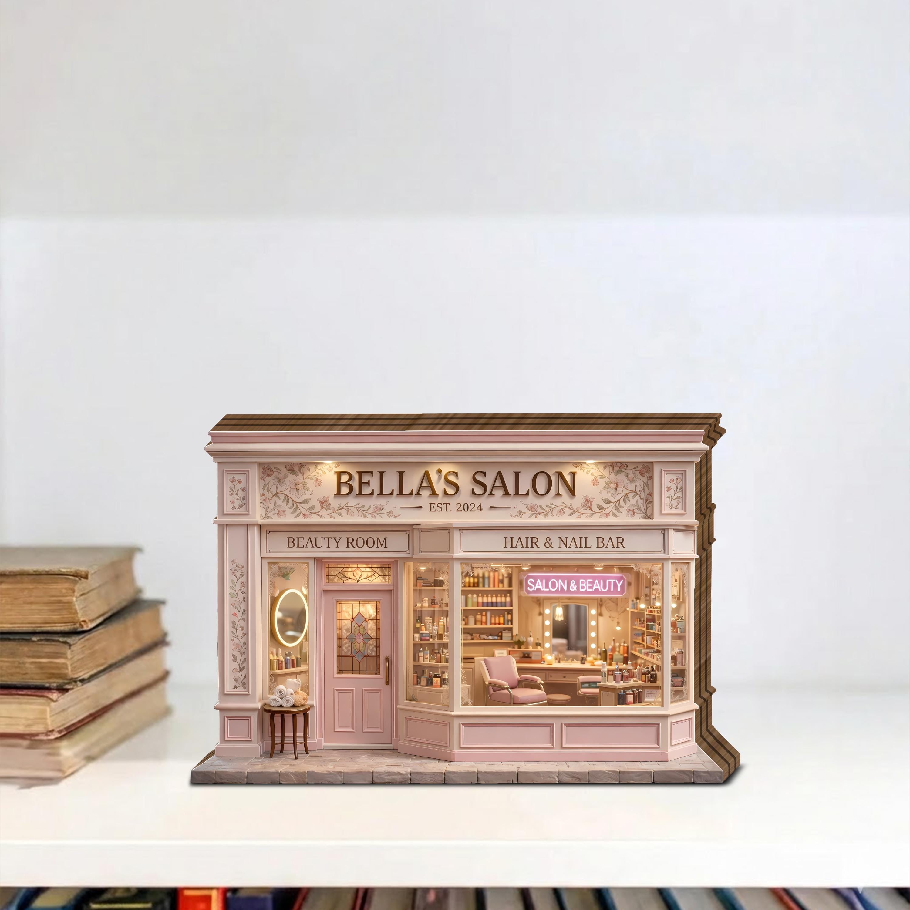 Personalized Beauty Salon Wooden Block, Custom Hair & Nail Bar Miniature Shop Decor, Salon Owner Gift, Elegant Beauty Studio Display