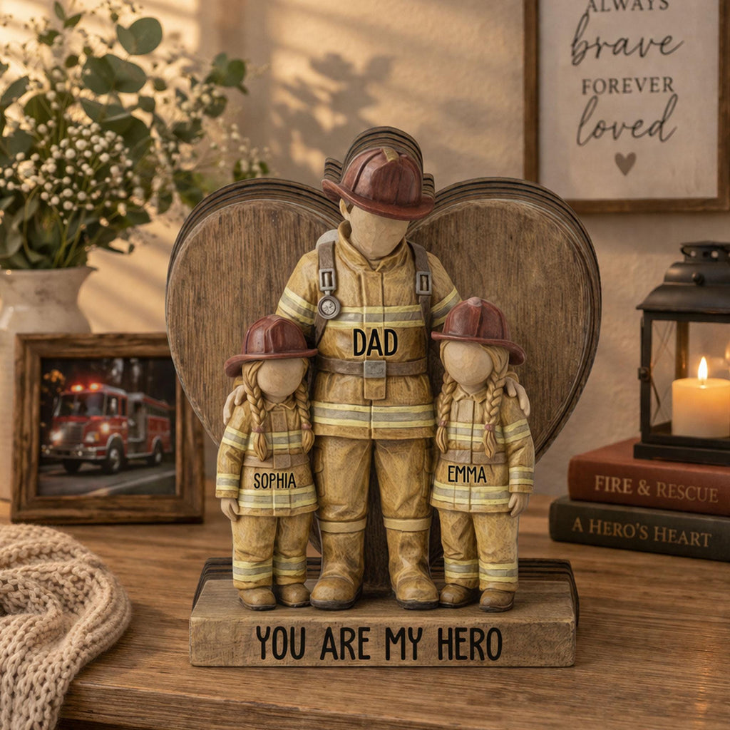 Personalized Firefighter Dad Wooden Block, Dad and Daughter Son Gift, Custom Name Fireman Block, Fathers Day Keepsake Gift for Dad, Fireman